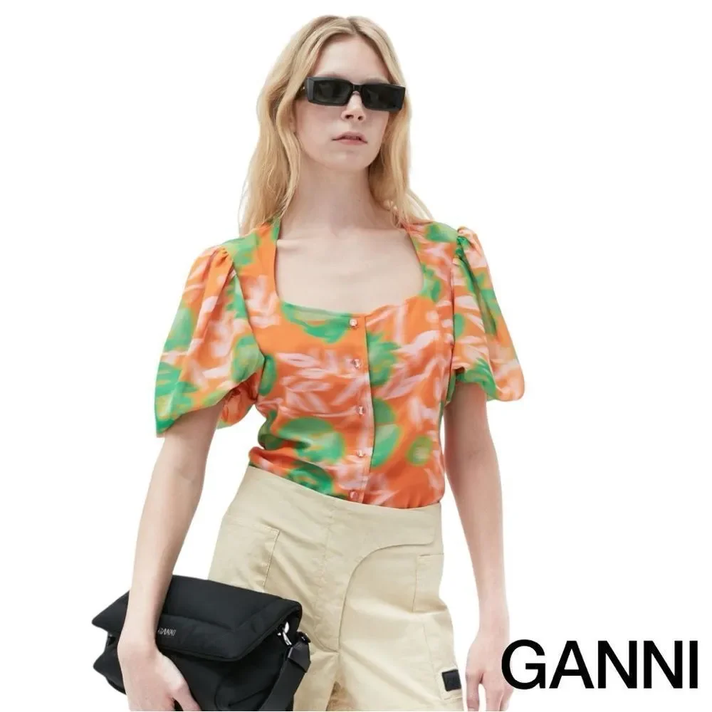 GANNI **NWT** Button-Up Puff Sleeve Crepe Blouse Vibrant Orange / Green Floral - Picture 11 of 16
